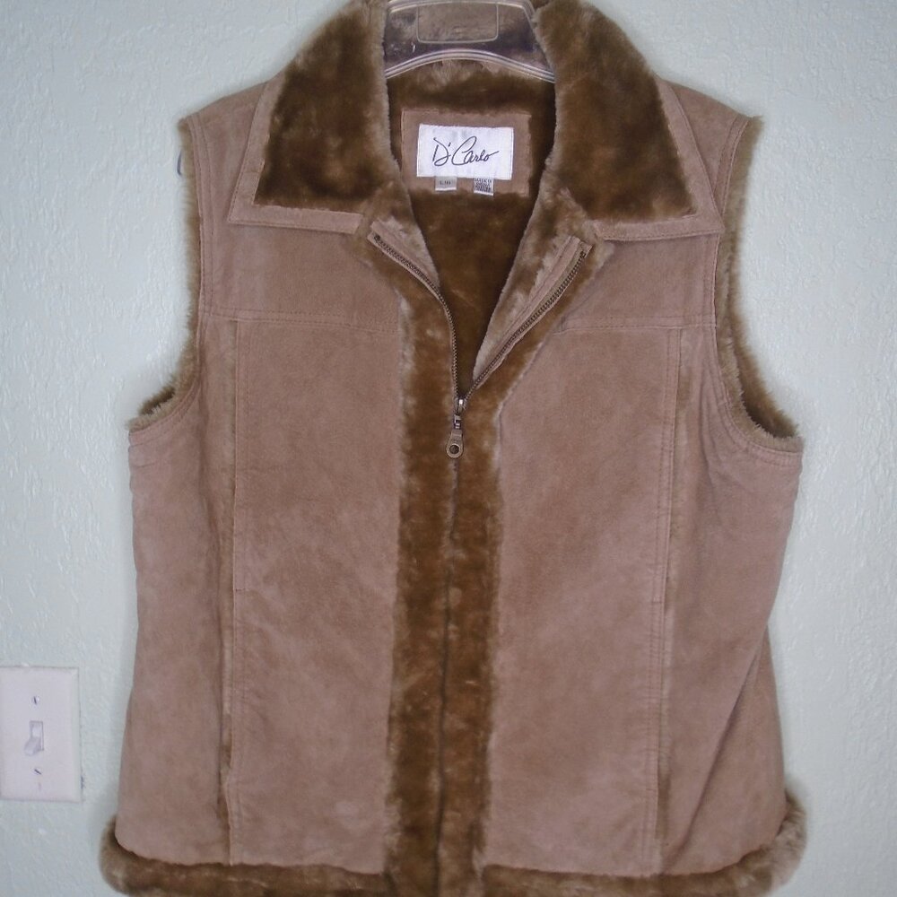 vintage D'Carlo Womens Sleeveless Leather Jacket Faux Fur Lined Size L Brown